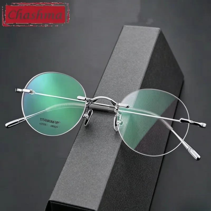 Chashma Prescription Glasses Men Round Rimless Titanium Eyeglasses Frame Customize Shape and Recipe Flexible Light Spectacle