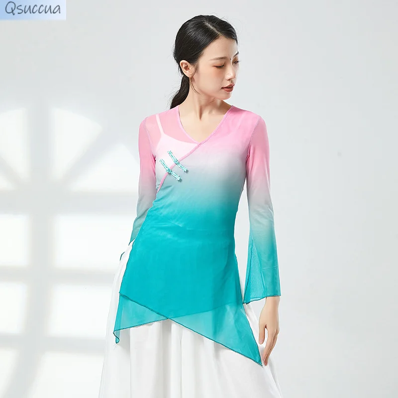 Mulheres Tops de Dança Clássica, Roupas Elegantes de Prática, Roupas de Performance Gradiente, Rima Corporal Gaze