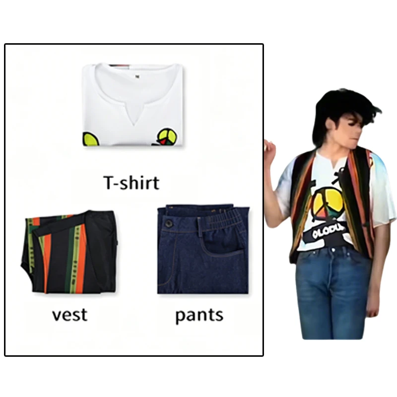 

Michael Jackson Cosplay Costume Short Sleeved Printed Full Set Music Video Concert Masquerade Performance Clothing for Adults