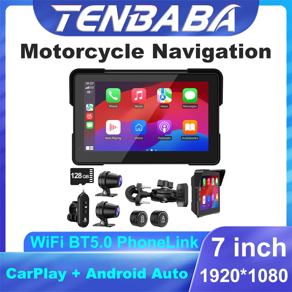 

7,0-дюймовый беспроводной CarPlay мотоциклетный навигационный рекордер с дисплеем давления в шинах GPS Para Moto Android auto IPX7 Accesorios TPMS
