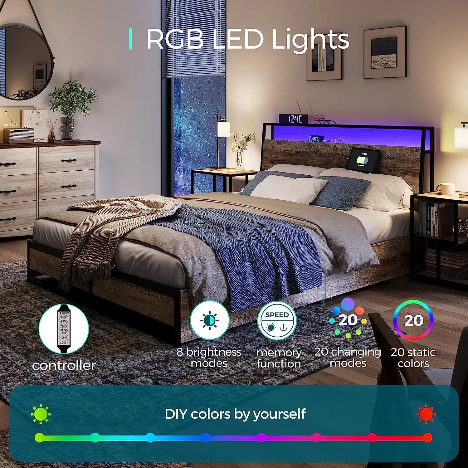 Storage Smart Double Bed with RGB Light Fast Charging Multifunction Bed