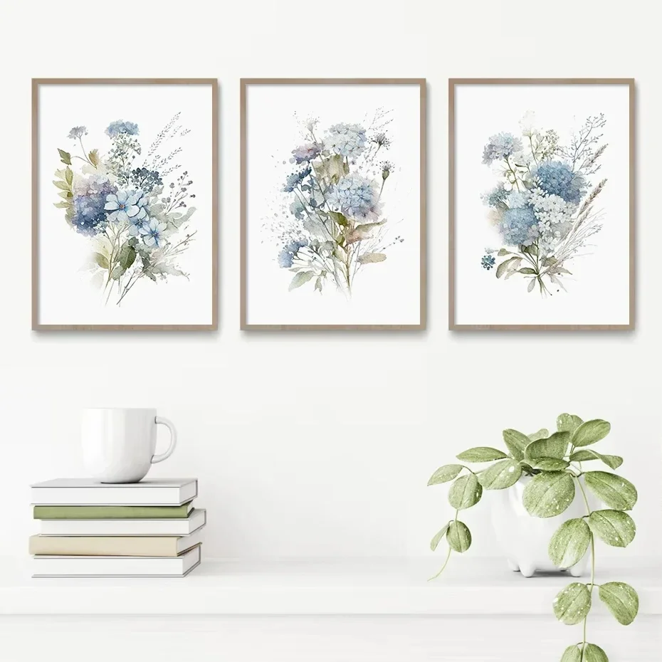 

Bohemian Blue Flower Watercolor Poster, Plant Wall Art, Canvas Painting, Prints Pictures, Living Room, Bedroom, Home Interior De