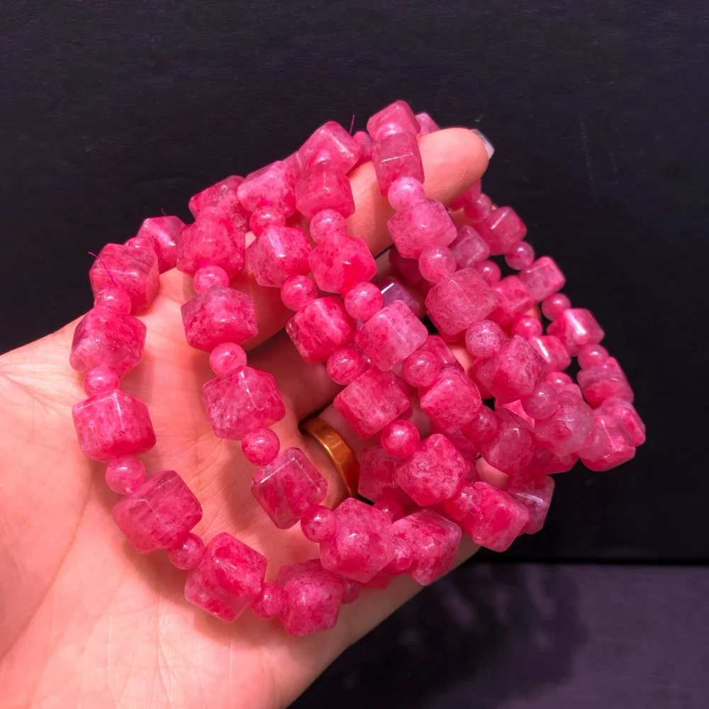 Natural Rhodonite Sugar Cube Bead Bracelet Women Reiki Healing Strand Bangles Jewelry For Female Gift 1PCS