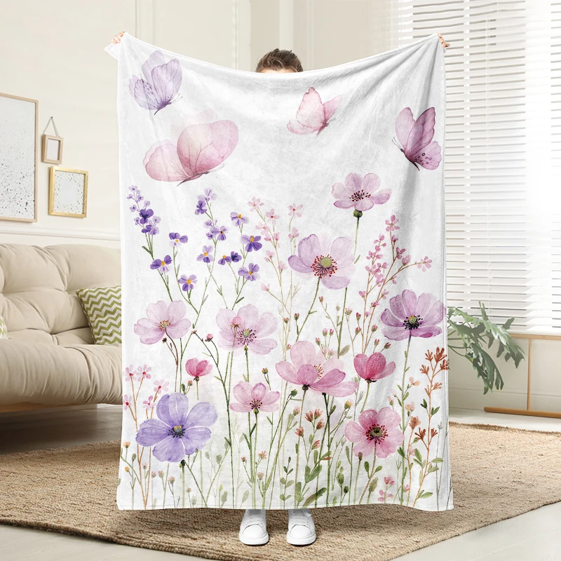

Butterfly and Flowers Flannel Blanket Fluffy Cozy Throw Adult Nap Blankets Soft Bedding Sofa Blanket for Party Home Decorations