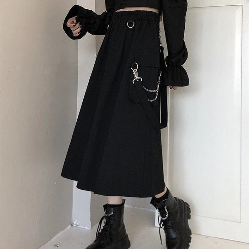 90s Solid Gothic Long Techwear Skirt Women Grunge Punk High Waist Chain Pocket Strap Black Cargo Skirts Goth Harajuku Streetwear