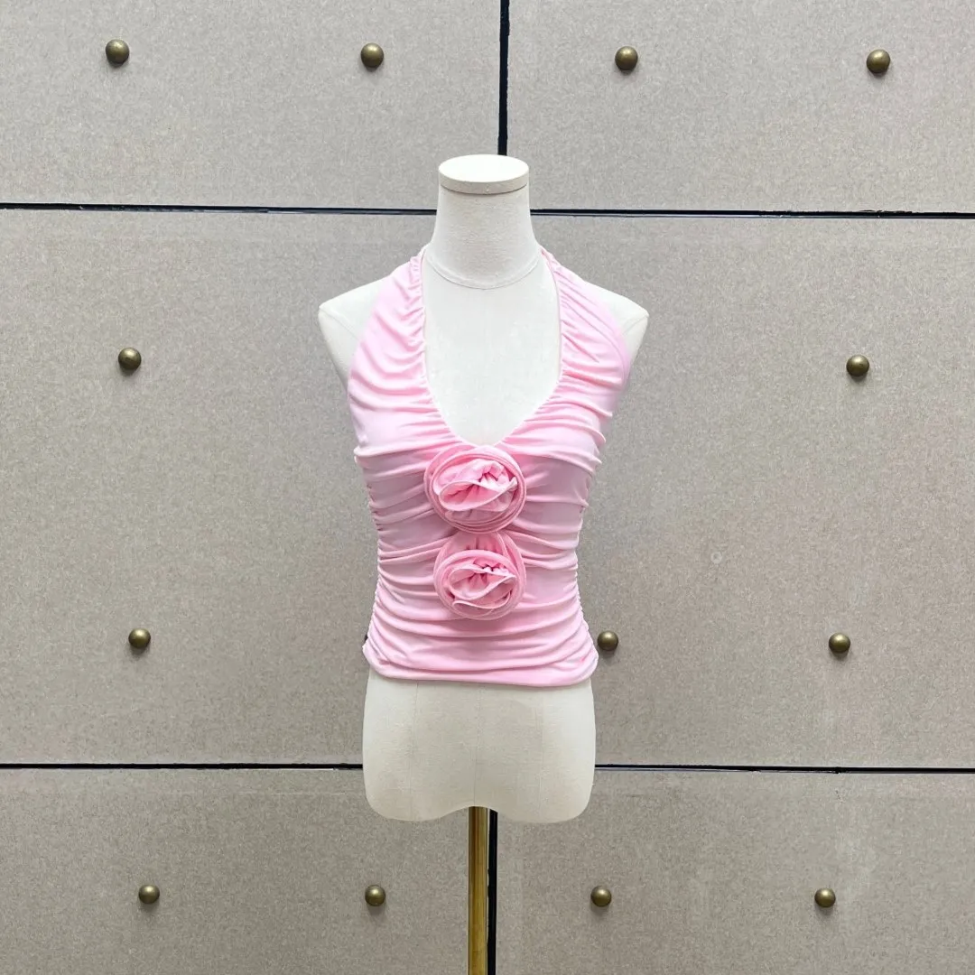 2025 New Arrival Y2K Pastel Pink Hand-Applied Flower Ruched Halter Top - 3D Floral Embellishment | Trendy Feminine Sleeveless