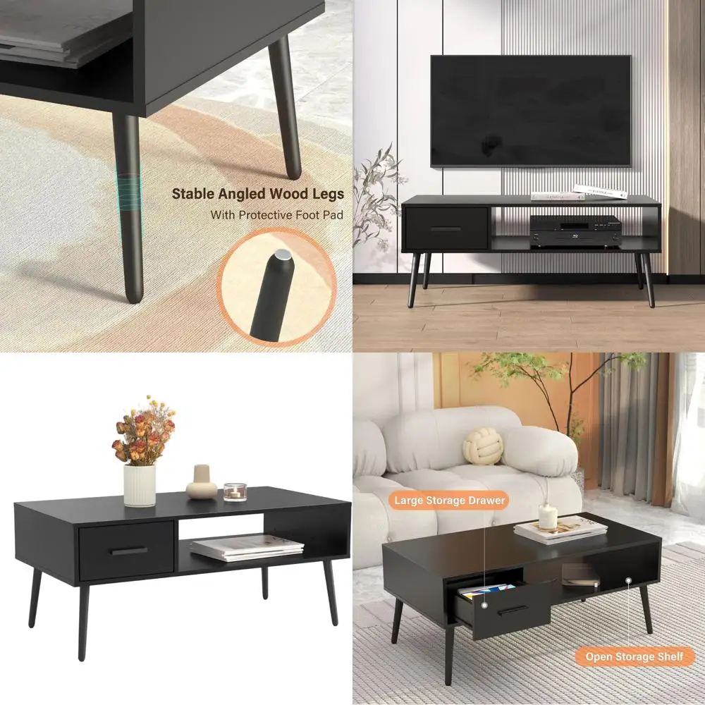 

Современный журнальный столик середины века с выдвижным ящиком и полкой, черный, для гостиной и офиса