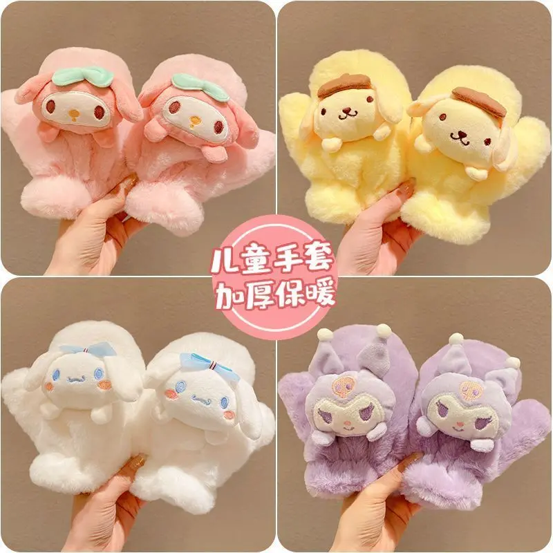 

My Melody Kids Cartoon Gloves Sanrio Kuromi Girl Kawaii Keep Warm Windproof Fleece-Lined Thicken Winter Outdoor Neckband Gloves