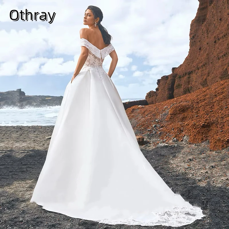 Othray Off Shoulder Lace Satin Wedding Dresses Pockets Short Sleeves Buttons Elegant A-Line Bridal Gowns vestidos de novia