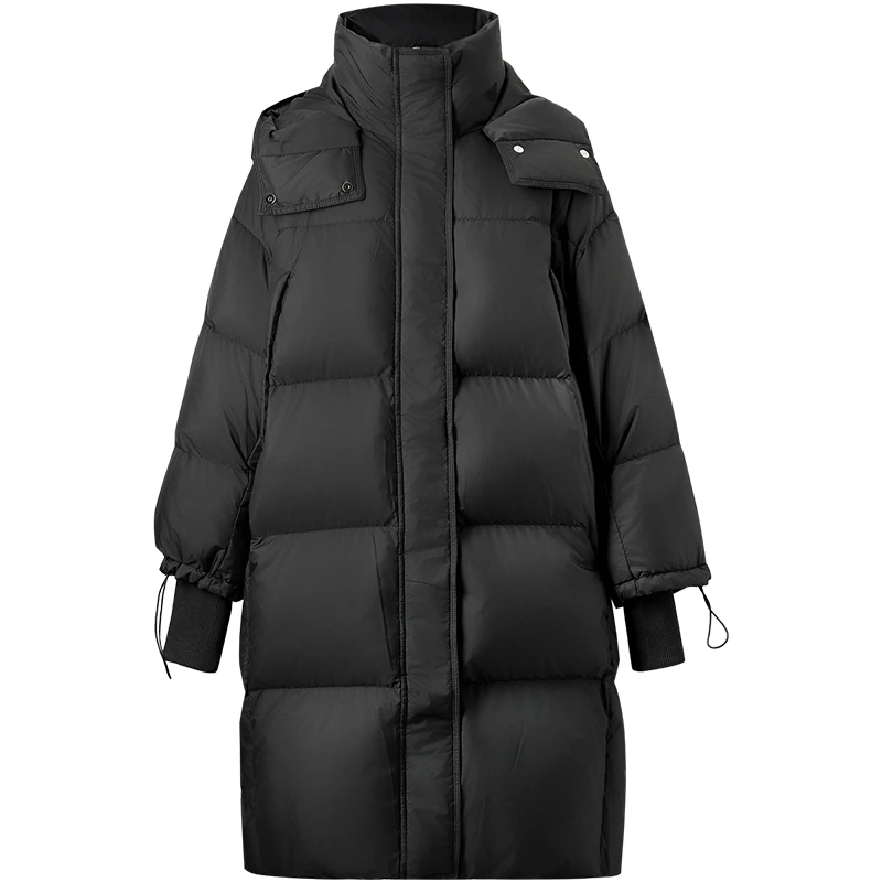 เสื้อแจ็คเก็ตขนเป็ด SENTUBILA รุ่นยาวสำหรับผู้หญิง ฤดูหนาว 2025 ทรงหลวม อุ่นสบาย ตัดต่อผ้ากันลม คอตั้ง รุ่น W44Y80022