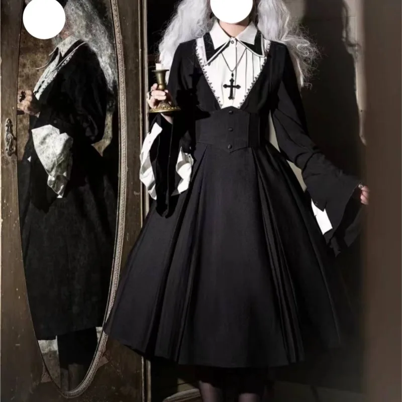 Dark Goth Style Wear  Lolita Autumn and Winter Long Sleeve Black Dress