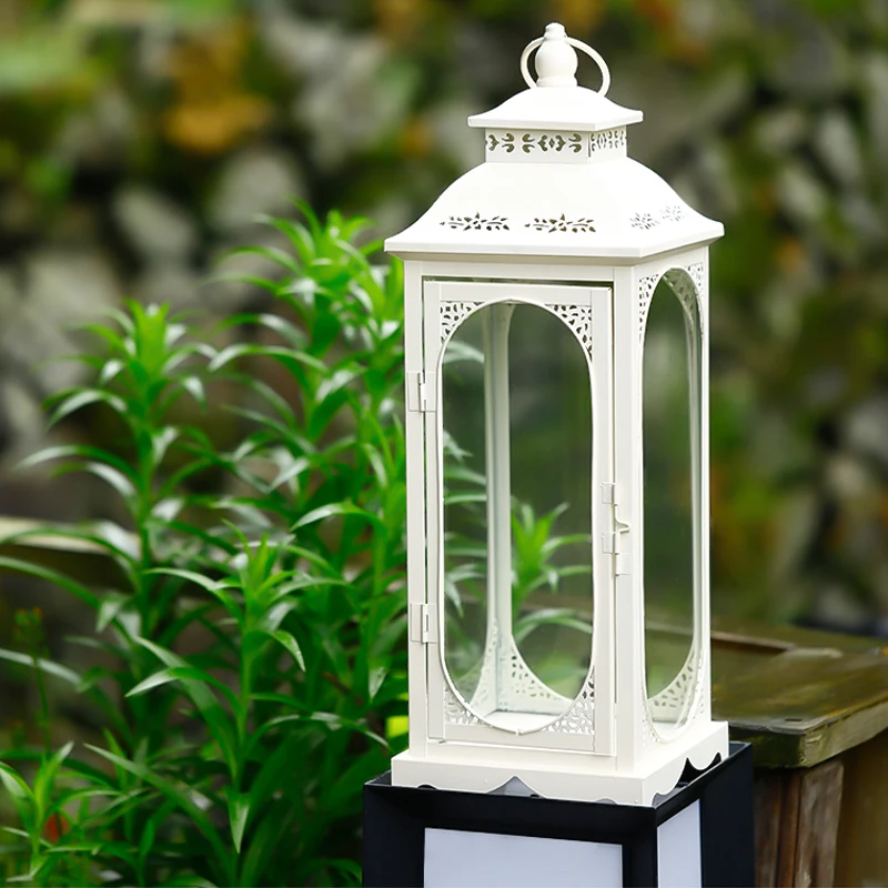 Wrought Iron Candlestick European Style Windproof Lamp Glass Lantern Candle Holder For Wedding Ornament Outdoor Home Floor