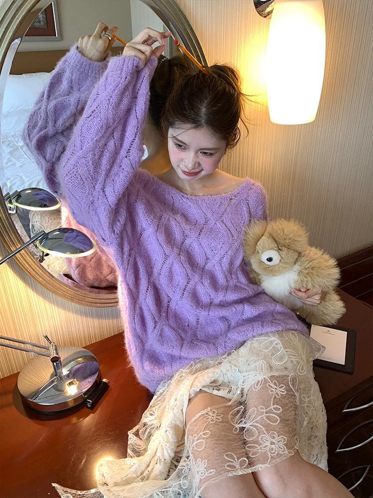 

Provence Daydr Purple Lazy Loose Women's Knitwear Woolen Sweater Comfortable Warm Long Sve One-oulder Autumn Winter