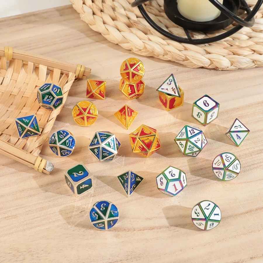 Hot Sale 12 Colors Polyhedral Metal Dice 7pcs/set Role Play Games DND Dice Ornaments Accept Custom Font Symbol Pattern Logo