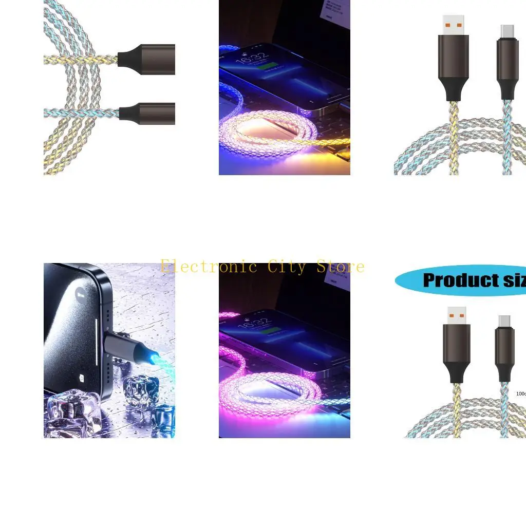 

66W Fast Charging Type C Cable Illuminates Design Twist Easy Braided Cord Easy to Carry for Mobile Accessories HU8D