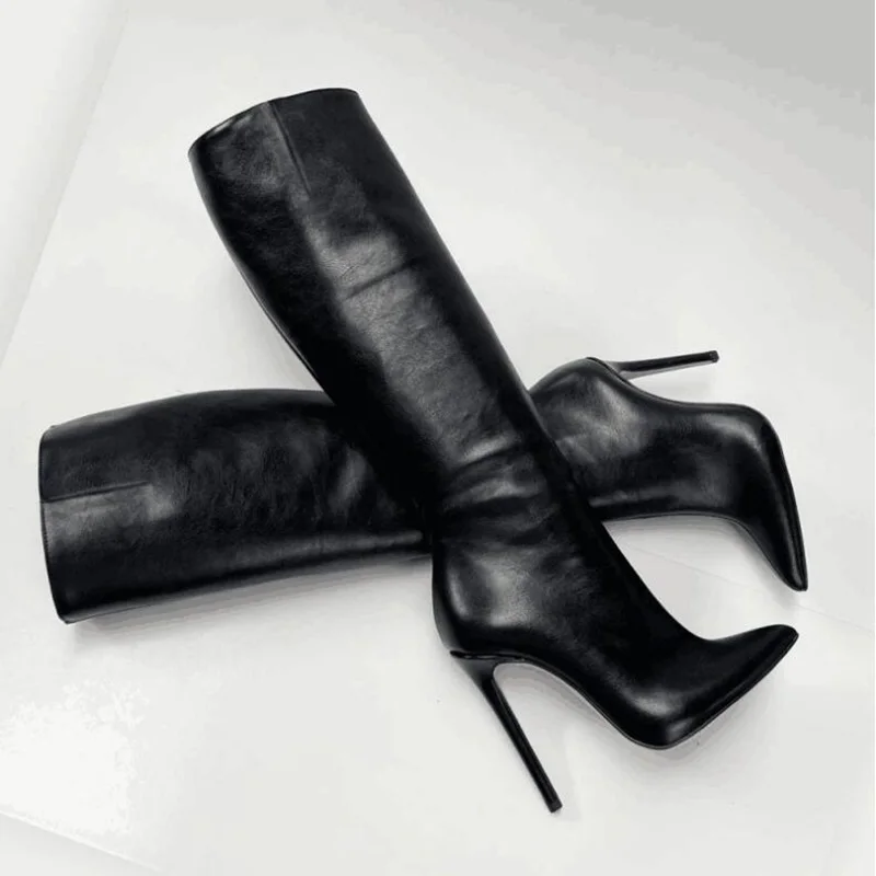 

Newest Matte Metallic Leather Stiletto Heels Boots Pointed Toe Slip On Modern Long Boots Green Gold Black Red Big size 45