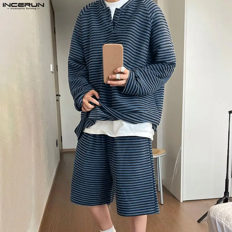 

INCERUN Men Striped Sets Vintage Long Sleeve T Shirts & Shorts Two Pieces Sets Streetwear Loose Korean Style Fashion Men Suits