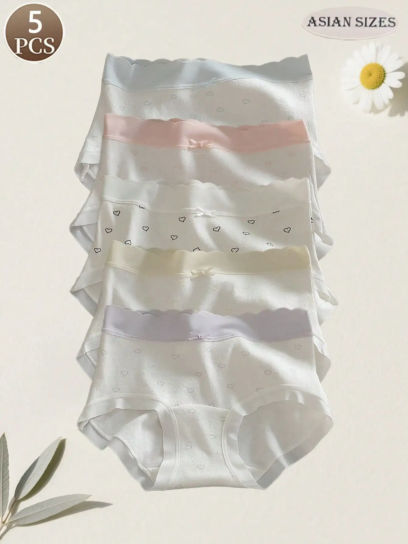 

Женское нижнее белье с бантом в форме сердца из 5 предметов, бесшовные, удобные и мягкие хлопковые женские трусы.