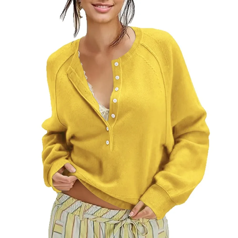 الخريف والشتاء الملابس النسائية سترة المرأة عادية طاقم الرقبة سترة هينلي قميص زر بلوفر مغزول سترة المرأة #6