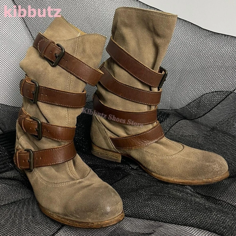 Suede Pleated Knee High Boots Belt Buckle Round Toe Square Heels Slip-On Mixed Color Fashion Elegant Luxury Sexy Women Shoes New