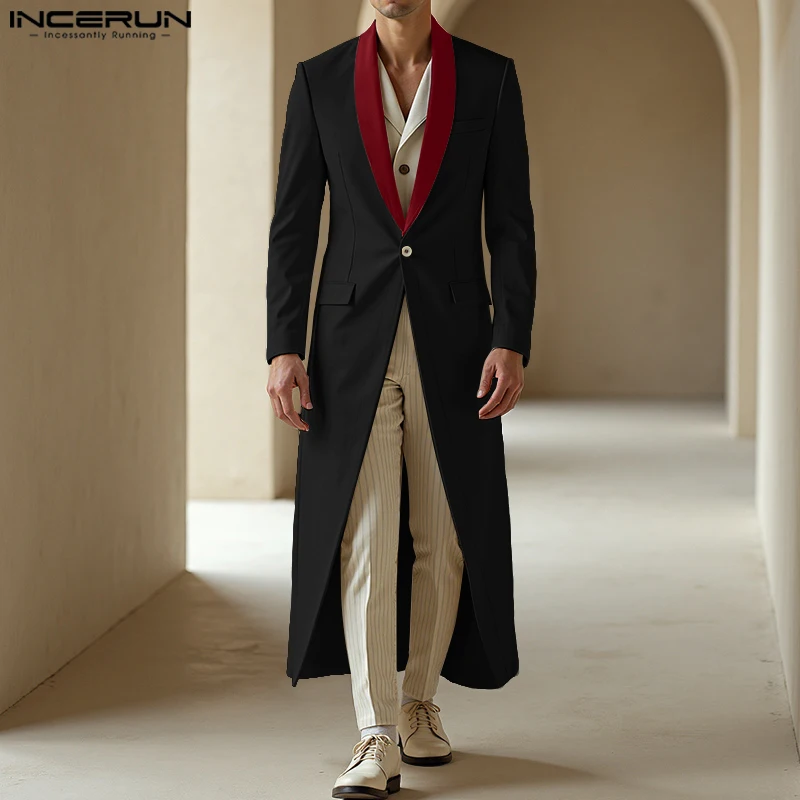 INCERUN Men Blazer Patchwork Lapel Long Sleeve One Button Casual Long Style Blazer Men Streetwear 2025 Elegant Fashion Male Suit