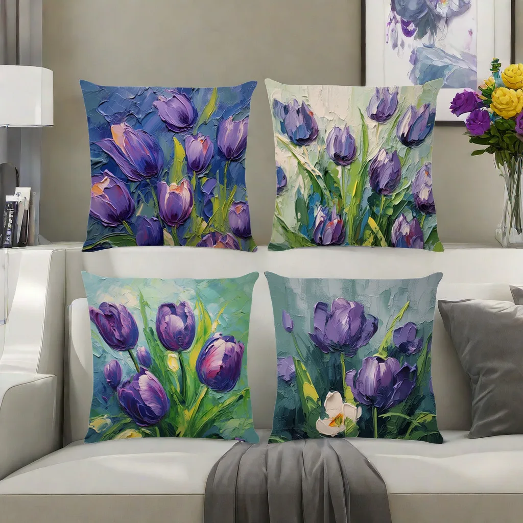 

Tulip Pillow Cover Art Oil Painting Printed Pattern Pillow Case Cushion Cover Special Pillow Cover For Sofa Home Decoration 4Pcs