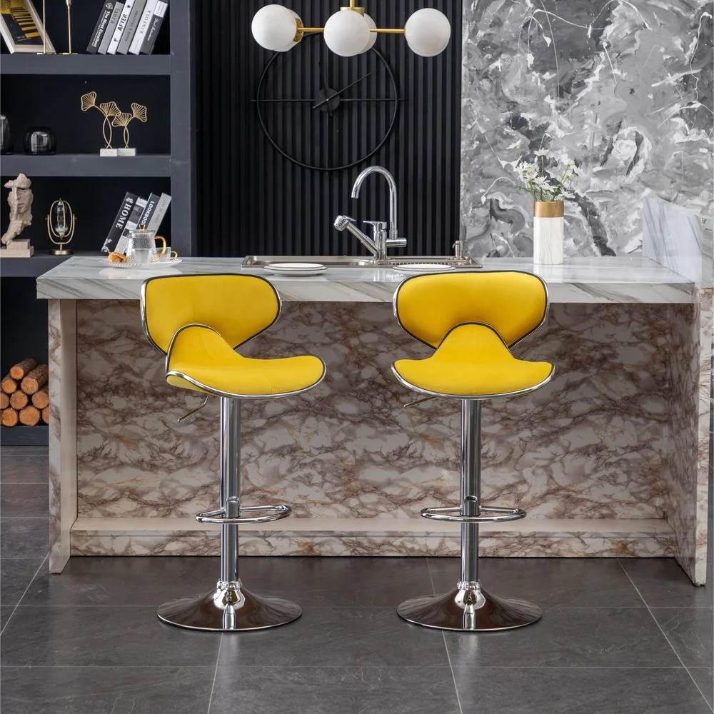 Set of 2 Adjustable Swivel Barstools Velvet Upholstered with Chrome Base Footrest Gas-Lift Height Kitchen Dining Room