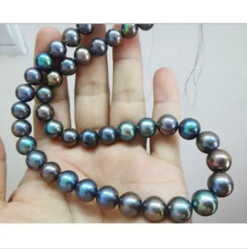 

genuine 9-10mm multicolor tahitian black pearl necklace 18inch 14k/20 clasp