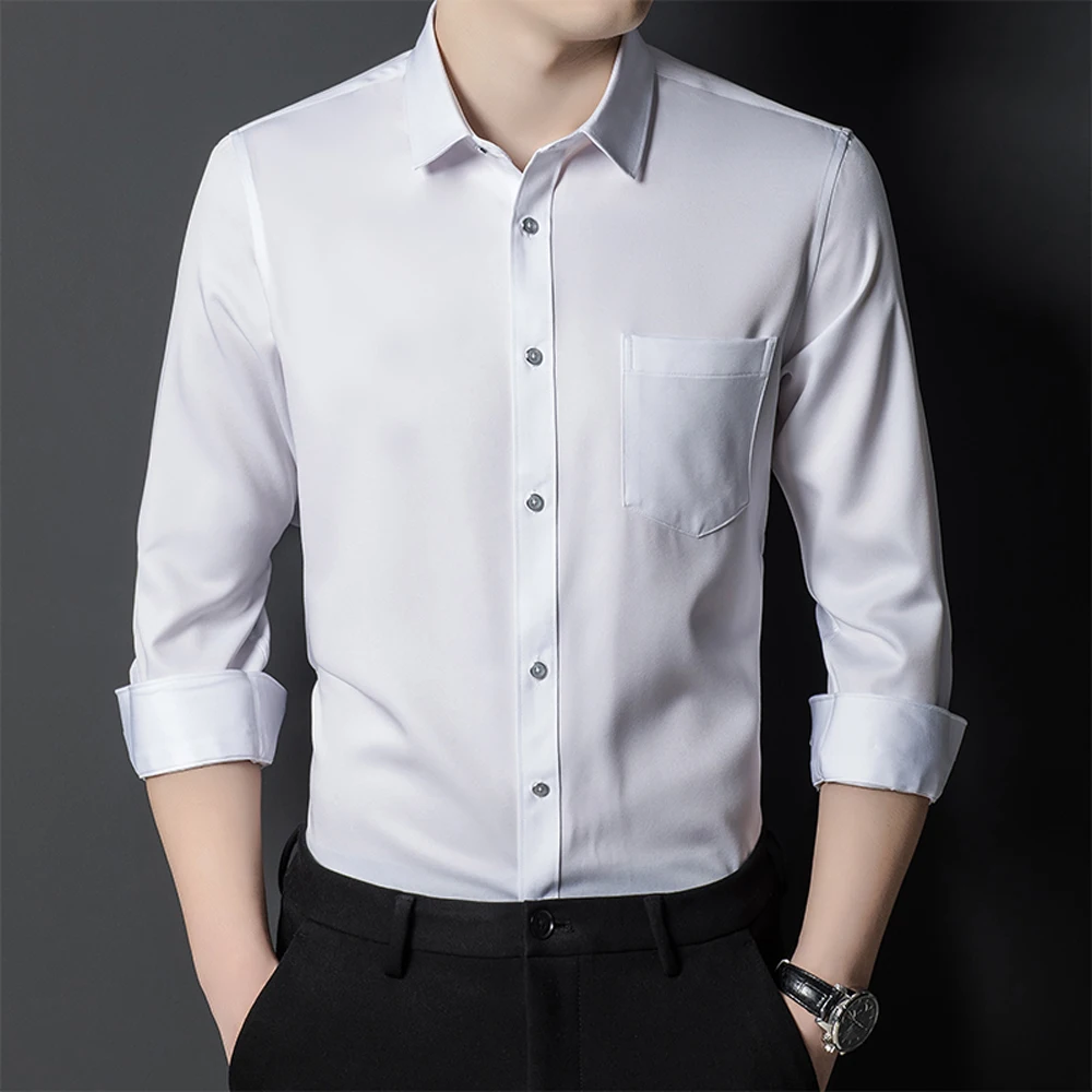 

Men's Sleek Stretch Long Sleeve Button Up Shirts with Chest Pocket, Solid Color Formal Business Wrinkle Free Menswear Clothing