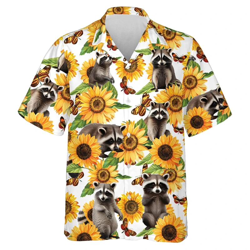 Female Kawaii Raccoon Shirts For Men Clothes Cute Animal Graphic Beach Shirts Casual Vacation Lapel Blouse Cartoon Raccoons Top