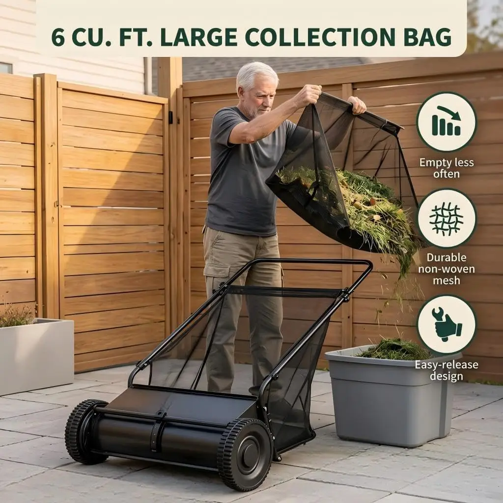 21-Inch Push Lawn Sweeper with 6 Cu. ft. Carrier Bag, 5:1 Brush Gear Ratio, Adjustable Height, Heavy-Duty Steel Frame & PP Rubber Wheels for Yard, Driveway, Patio