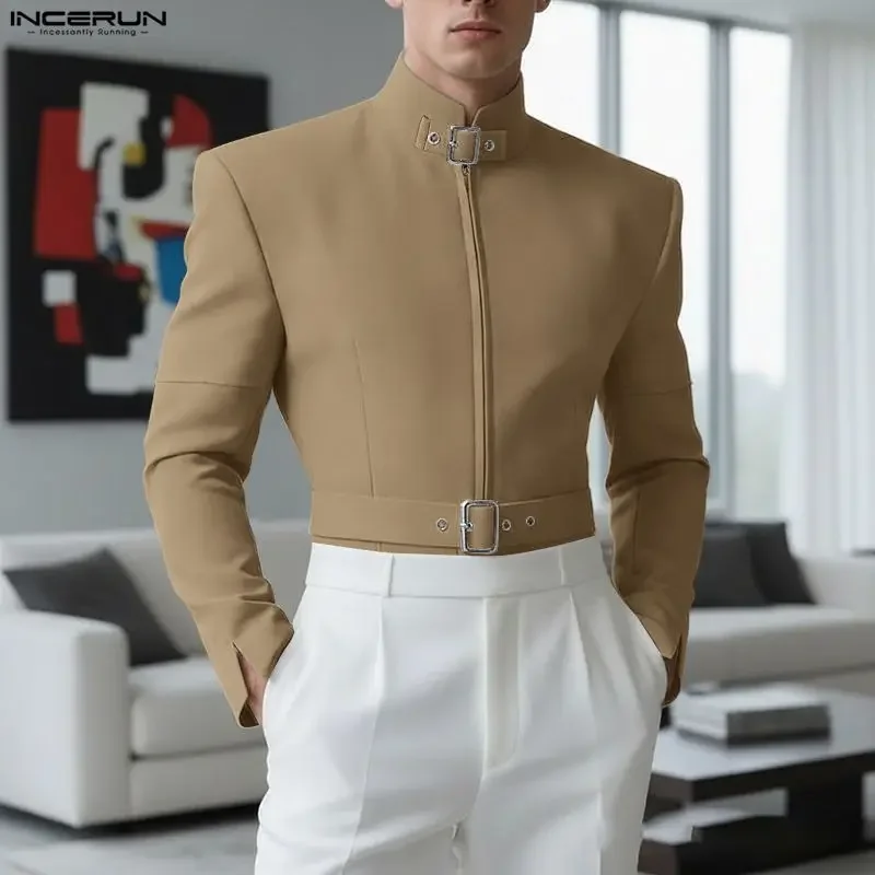 

Мужской пиджак INCERUN: однотонный, с воротником-стойкой, длинными рукавами, на молнии, в стиле стритвир, 2026. Элегантный, модный, повседневный, тонкий пиджак с поясом.