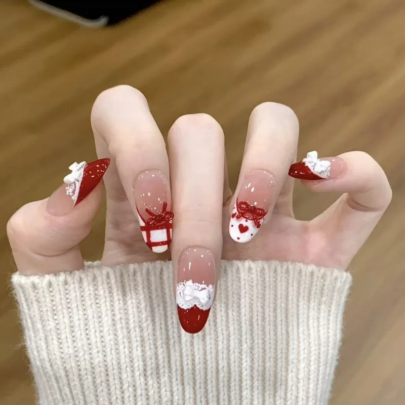 10개 수제 네일 가을/겨울 신년 레이스 프리미엄 리본 인스타그램 스타일 프렌치 프레스온 네일 팁 여성용 완벽한 선물