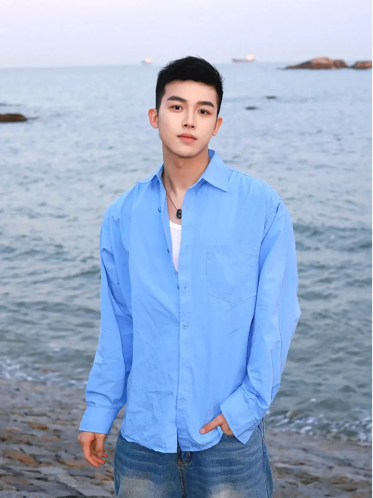

Blue Long Sve Men's Casual irt Trendy Spring Autumn Faionable Loose Fit Button down Polyester Fiber Youth Sle