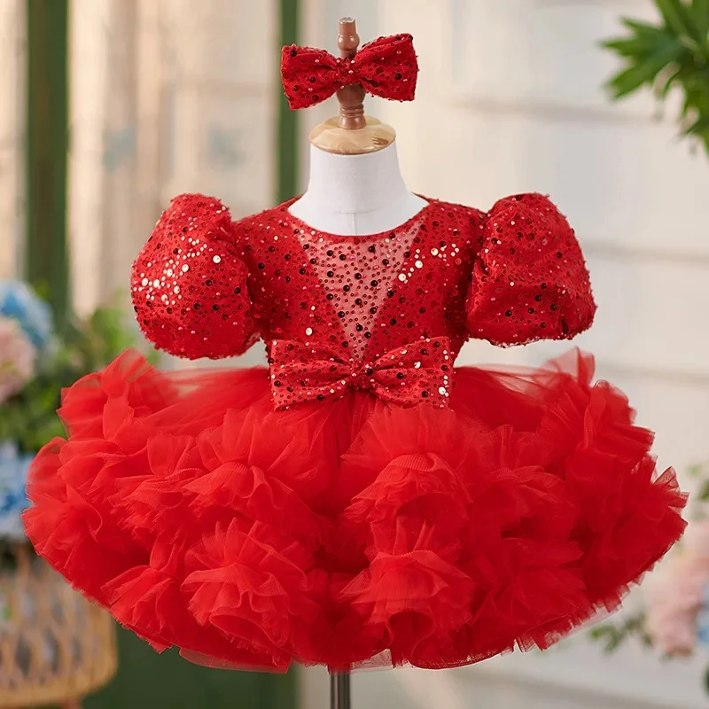 Vestido puffy flor vermelha infantil, vestidos de menina, camadas, vestido de festa de aniversário infantil, vestido de primeira comunhão infantil