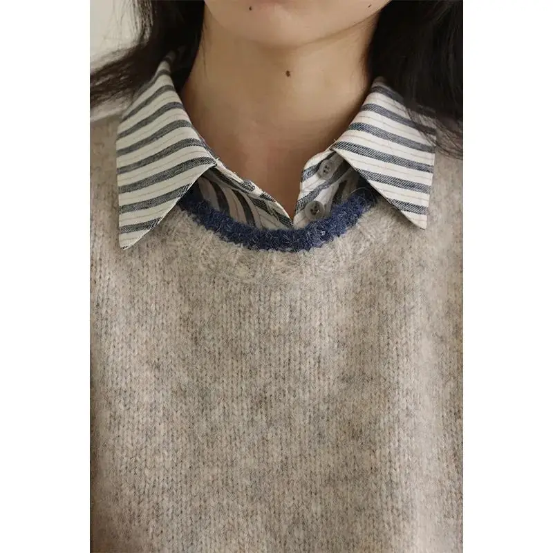 Casual Gray Sweater Vest Women Vintage Korean Japanese Preppy Old Money Style Two Piece Sets Knitted Top Striped Shirts