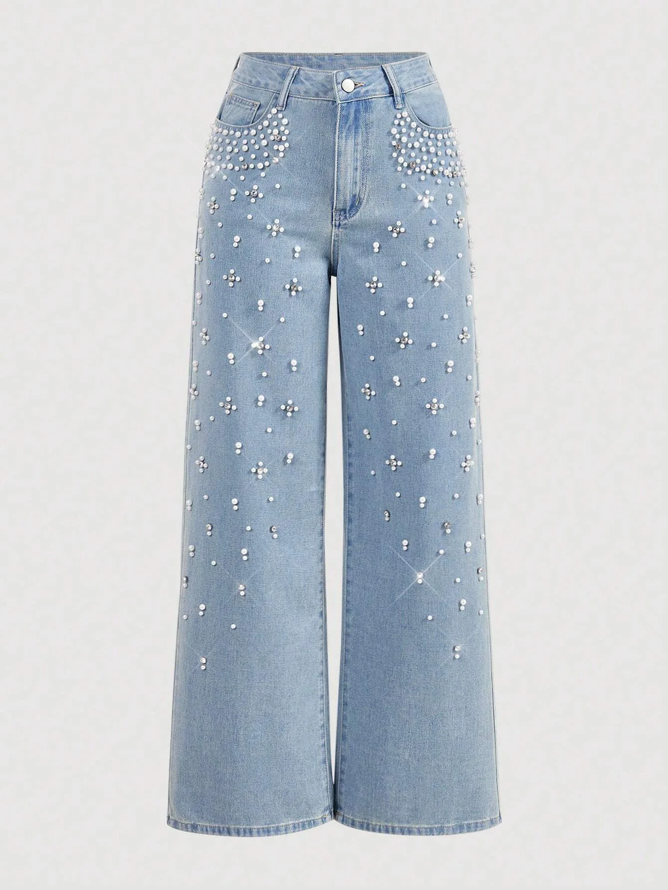

Loose Casual Denim Trousers For Women Autumn Fashion New Commuter High Waist Solid Color Beading Versatile Wide Leg Pants