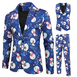 Men Christmas Suit Funny Long Sleeve Single Breasted Jacket Blazer with Vest Pants Set Party Outfit