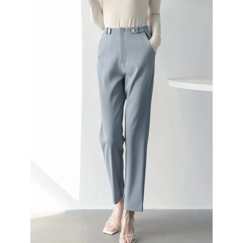 Spring and Autumn Women's Solid Thin High Waist Slim Zipper Korean Straight Pants Button Fashion Casual Commuter Trousers