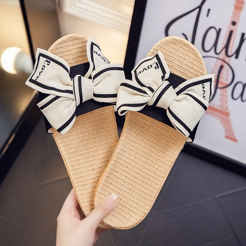 Women\'s Home Slippers Summer New Bow Linen Slippers Women\'s Home Soft Sole Anti Slip Lightweight Silent Indoor Slippers Sandals