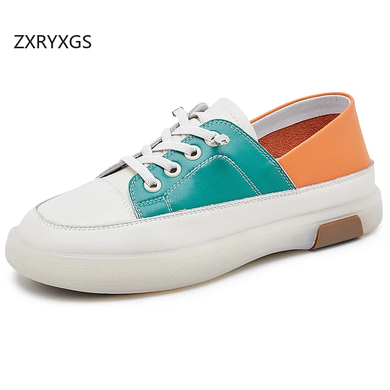 ZXRYXGS 2025 New Color Blocking Splicing Genuine Leather Sneakers Casual Shoes Flat Soft Sole Trendy Shoes Women's Travel Shoes