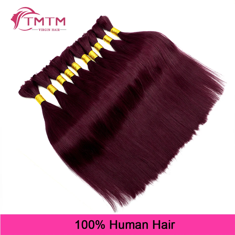 99J# Dark Burgundy Bulk Human Hair Extensions Straight Brazilian Remy Human Hair No Weft 16-28 Inch Bulk Hair For Braiding 100G