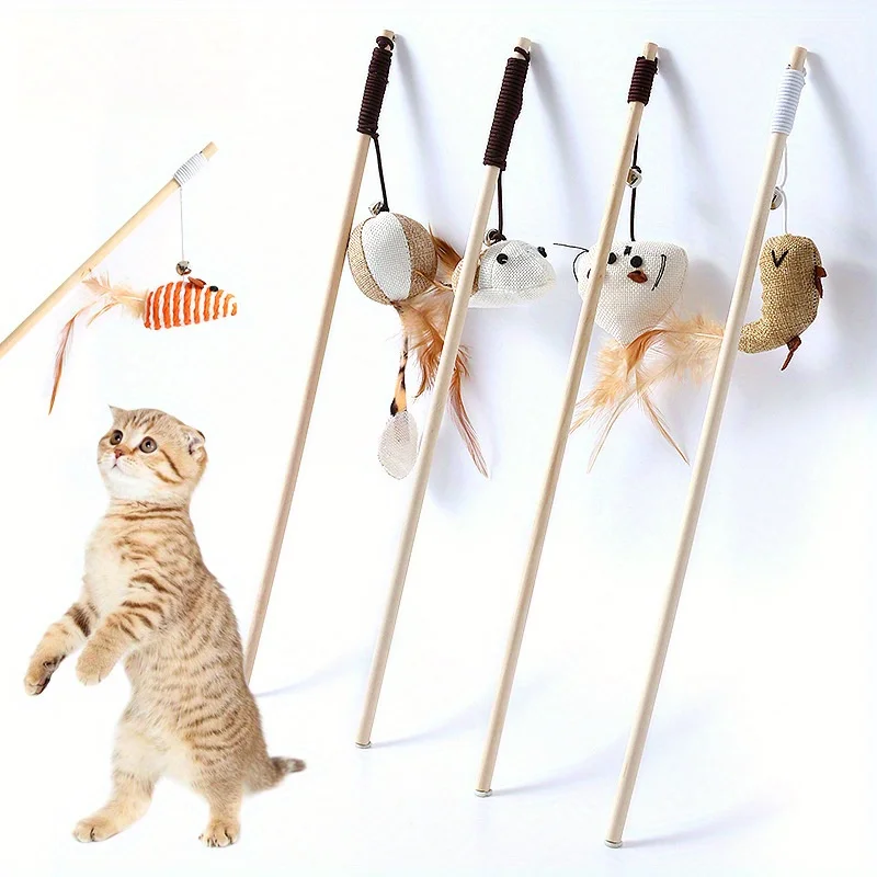 New Mouse Wooden Teasing Cat Rod Cat Toy Pet Supplies Feather Bell Wooden Rod Teasing Cat Stick