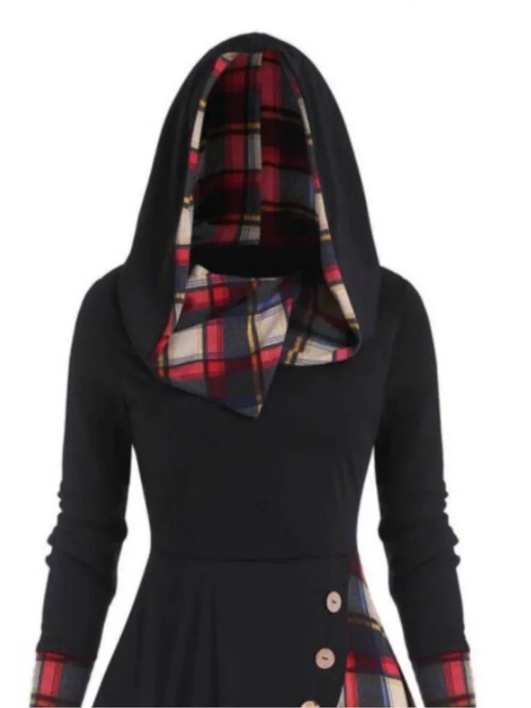 

Elegant Hooded Dress For Women Fashion Plaid Print Button Irregular Hem Midi Dress Autumn Winter Ladies Color Matching Vestidos