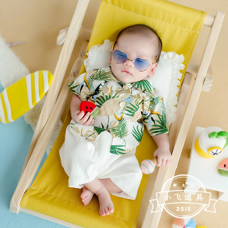 Summer Beach Vacation Style Short Sleeve Printed Shirt Cartoon Newborn Baby Cinema Photography ニューボーンフォト