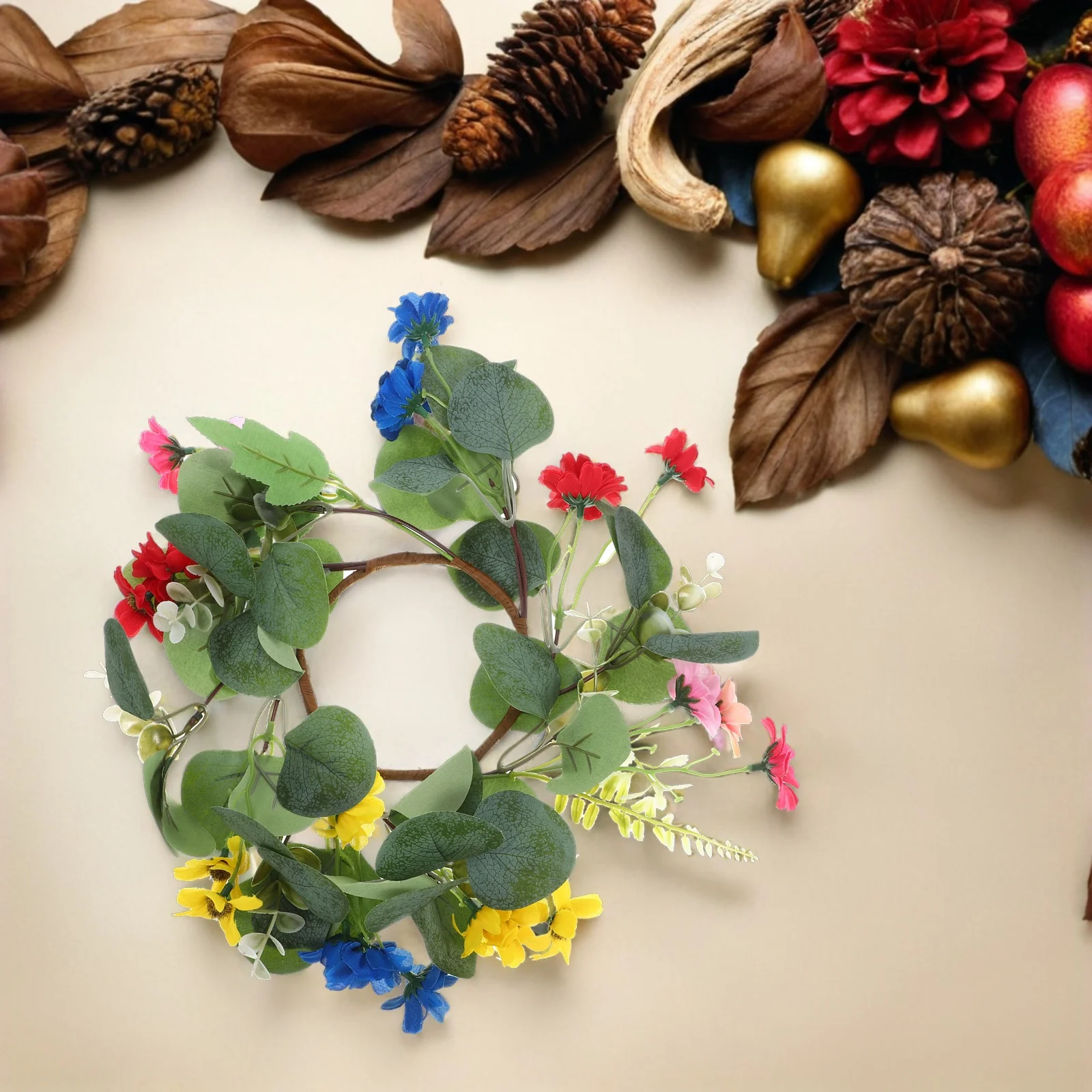 

2 Pcs Small Daisy Wreath Artificial Eucalyptus Leaves Flower Wedding Decorations for Reception Round Cloth Centerpiece Wreaths