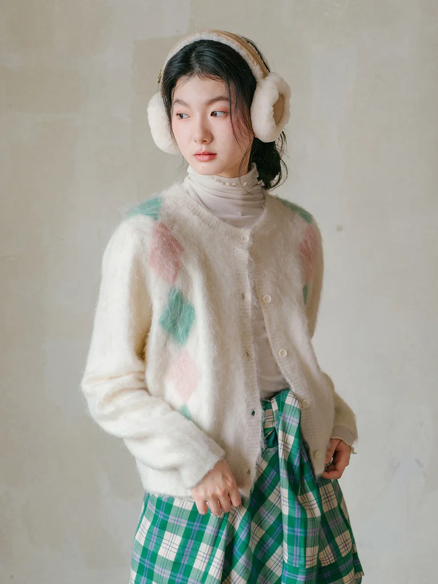 

Bluwhite Color Blo Diamond Pattern Open Cardigan Four Color Embroidery Sweet Sle Loose Fit Long Sve round Ne Knitwear