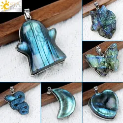 Labradorite Moon Pendant for Necklace Natural Stone Wolf Butterfly Crystal Carving Flash Healing Energy Pendants Jewelry H482