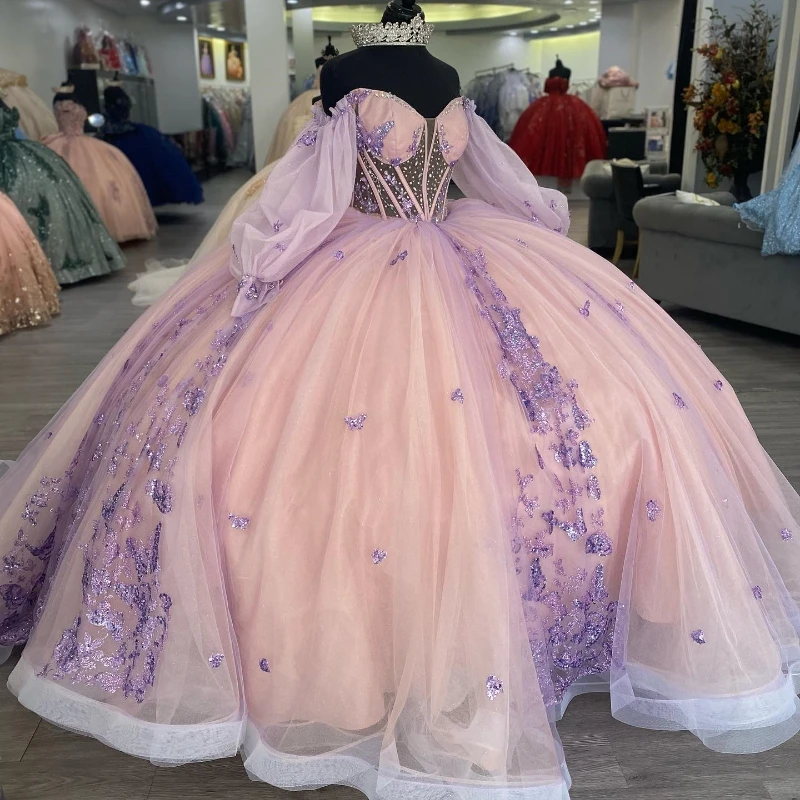 Pink Ball Gown Quinceanera Dress 2024 Shiny Lace Applique Long Train XV Princess Vestidos De 15 Años Birthday Sweet 16 Dress