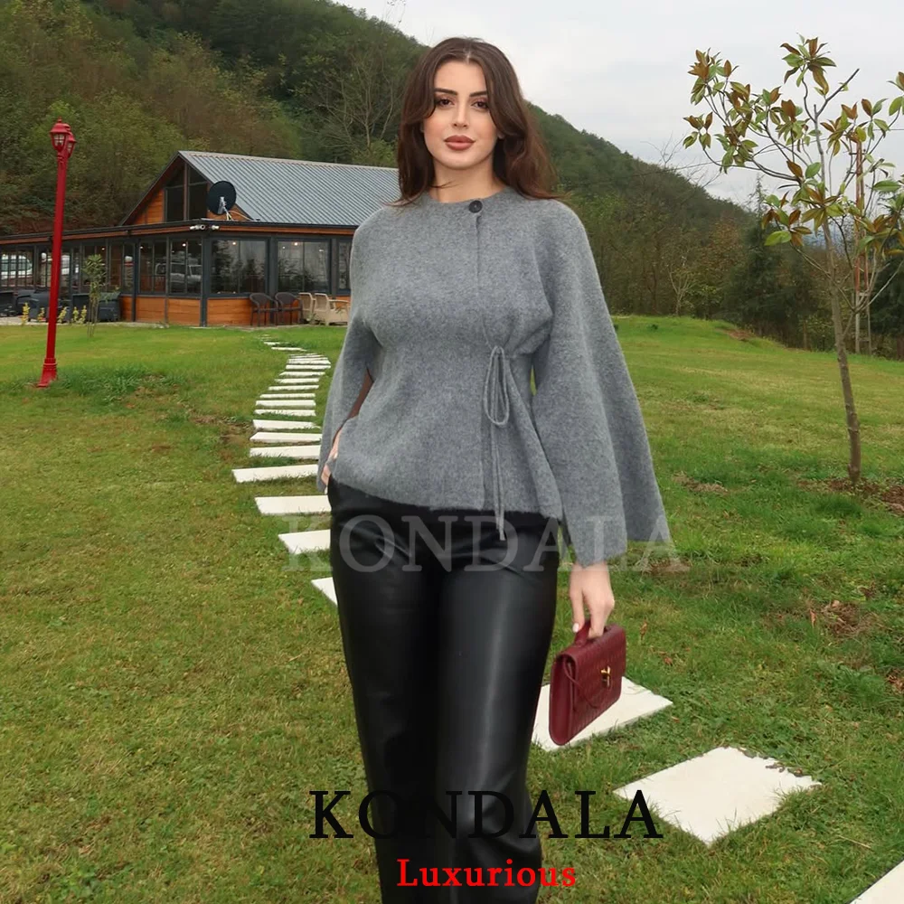 

KONDALA Casual Chic Gray Knit Women Cardigans Women O Neck Long Sleeve Front Split Sashes Sweaters Fashion 2025 Elegant Outwears